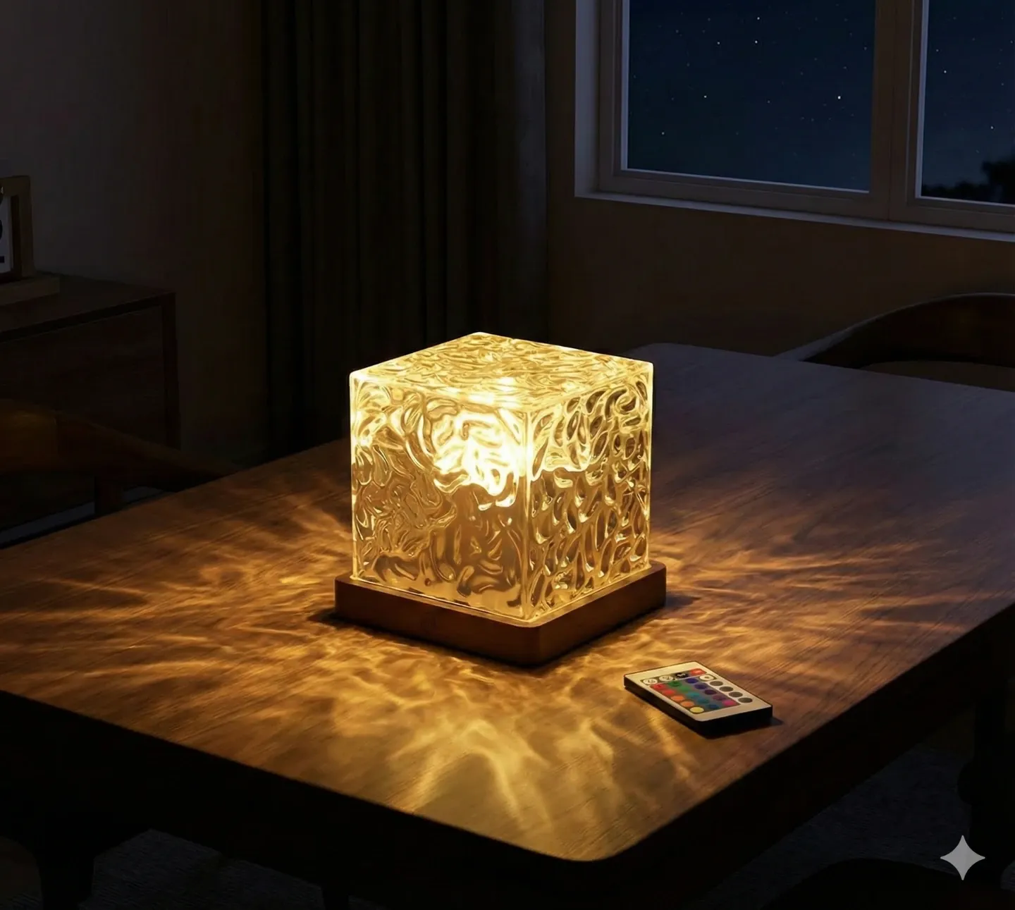 Water Ripple Crystal Cube Lamp with Remote | Rotating Ocean Wave Projector Night Light for Bedroom, Home Decor & Gift | USB LED Table Lamp (Wooden Base)